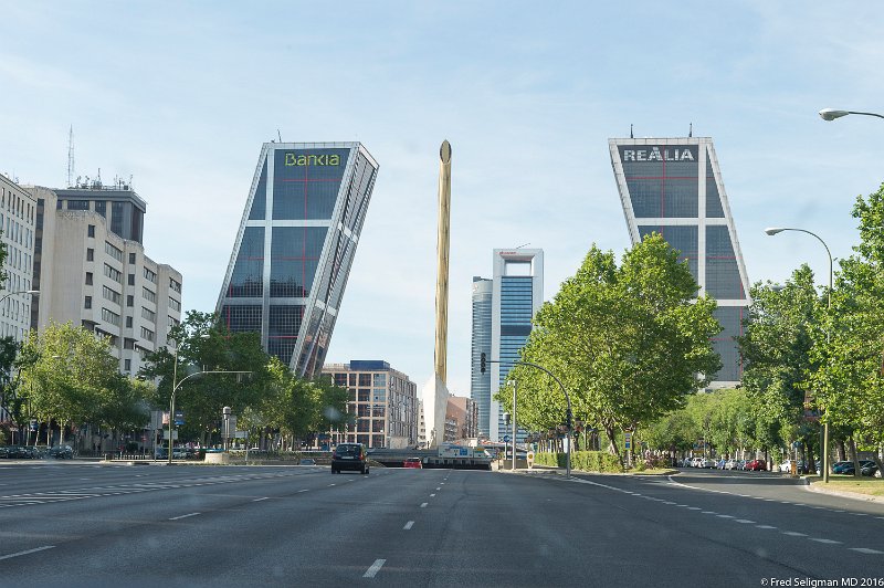 20160605_185139 D4S.jpg - Iconic twin leaning tower blocks.  1st inclined skyscrapers in the world.  At 15 degree inclination is 26 stories and built 1989-1996.  Originally called (Rio) Gates of Europe, now owned by Bankia and Realia (a real estate company).